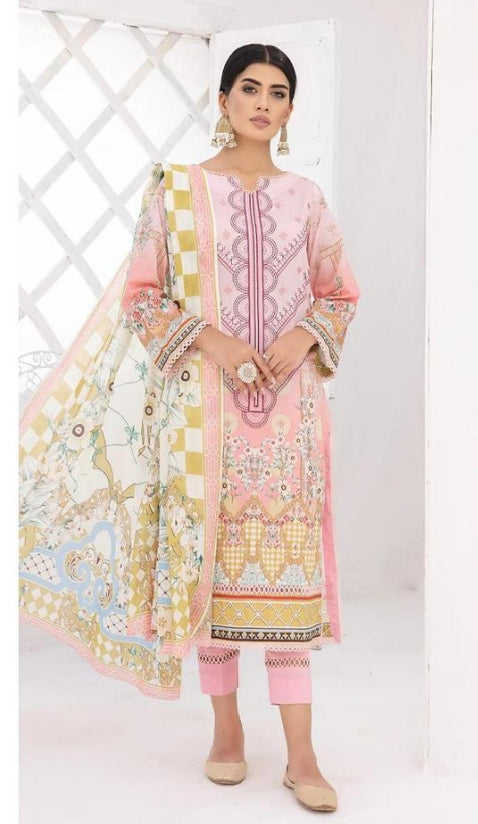 3 Pcs Women's Unstitched Dhanak Embroidered Suit Pink