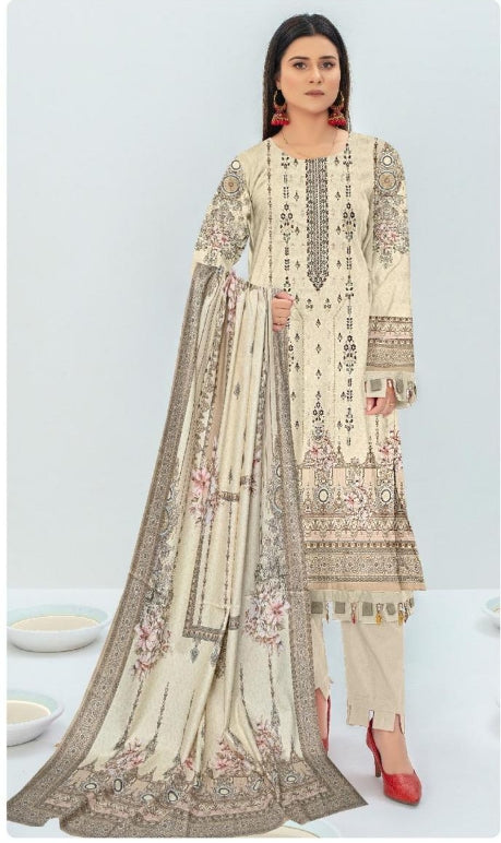 3 Pcs Women's Unstitched Dhanak Embroidered Suit