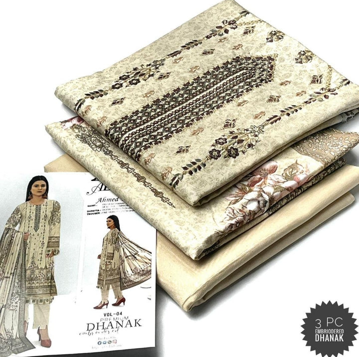 3 Pcs Women's Unstitched Dhanak Embroidered Suit