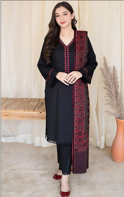 3 Pcs Women's Unstitched Dhanak Embroidered Suit