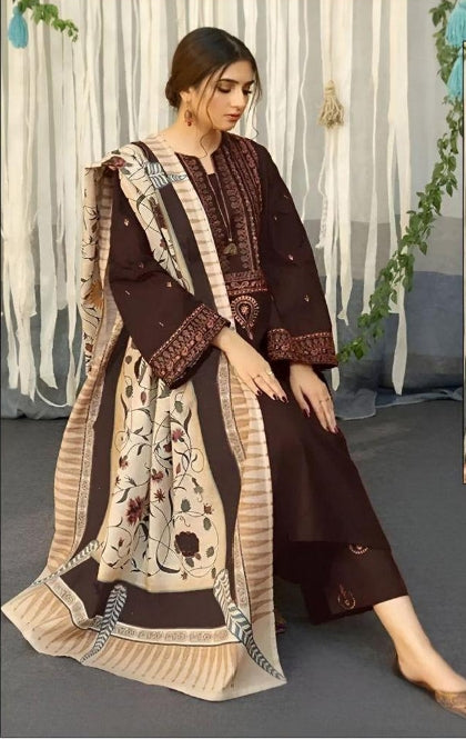 3 Pcs Women's Unstitched Dhanak Embroidered Suit