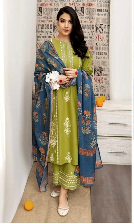 3 Pcs Women's Unstitched Dhanak Embroidered Suit