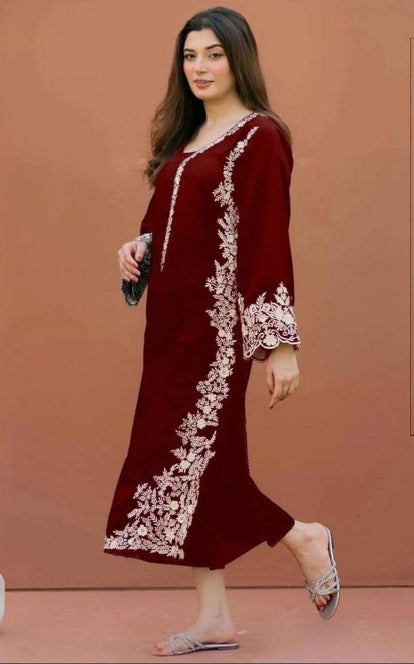 Elegant Maroon Embroidered Suit Set - Dhanak Fabric