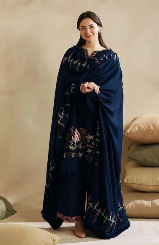 Dhanak Suit Set with Embroidered Shirt | 3 Pcs with Wool Shawl