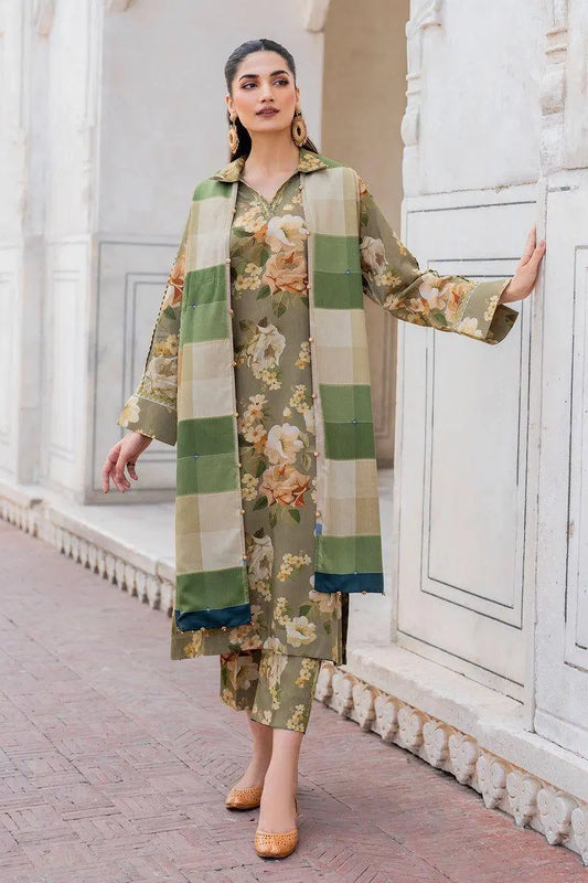 Digital Print Karandi Suit Set - 3 Pcs in Vibrant Green