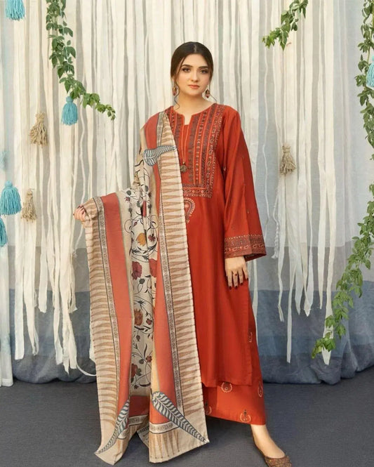 Elegant Orange Dhanak Embroidered Suit with Digital Print Dupatta